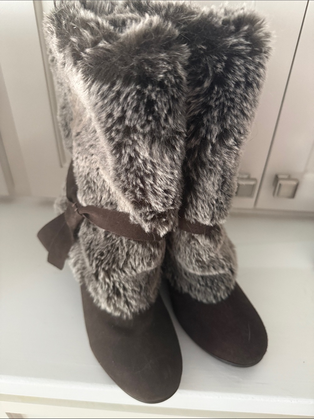 BCBGeneration Dark Brown Faux-Fur Tall Winter Boots with Tied Bow